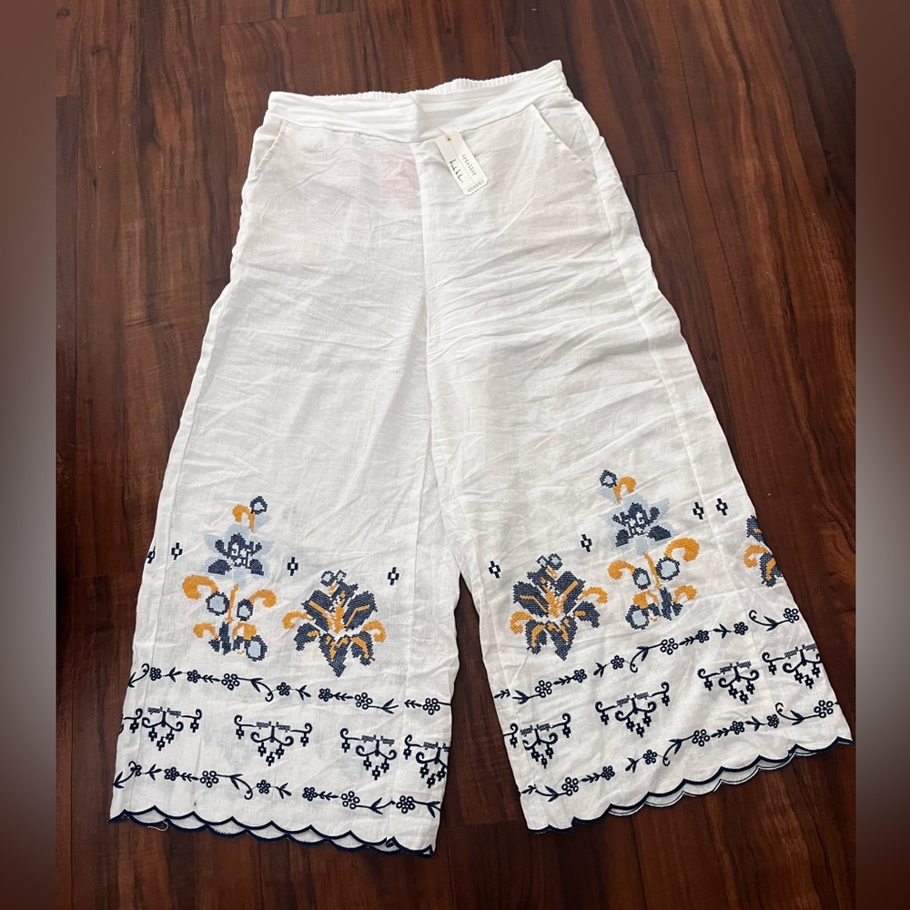New Nicole Miller White Wide-Leg Pants with Blue and Yellow Embroidery size L - Picture 5 of 10
